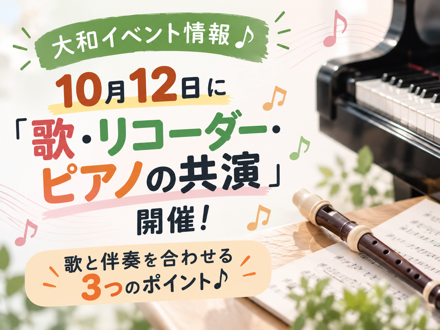 【大和イベント情報🎶】10月12日に「歌・リコーダー・ピアノの共演」開催！歌と伴奏を合わせる3つのポイント♪｜NAYUTAS大和校