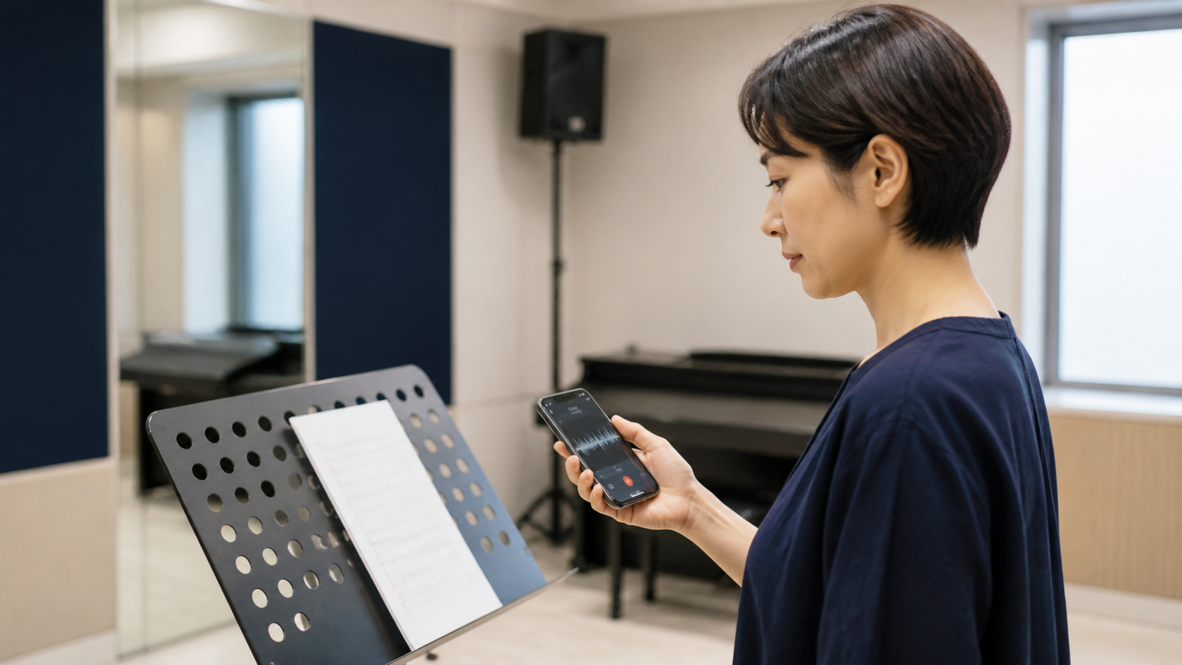 短いフレーズを録音して声を確認する練習のイメージ