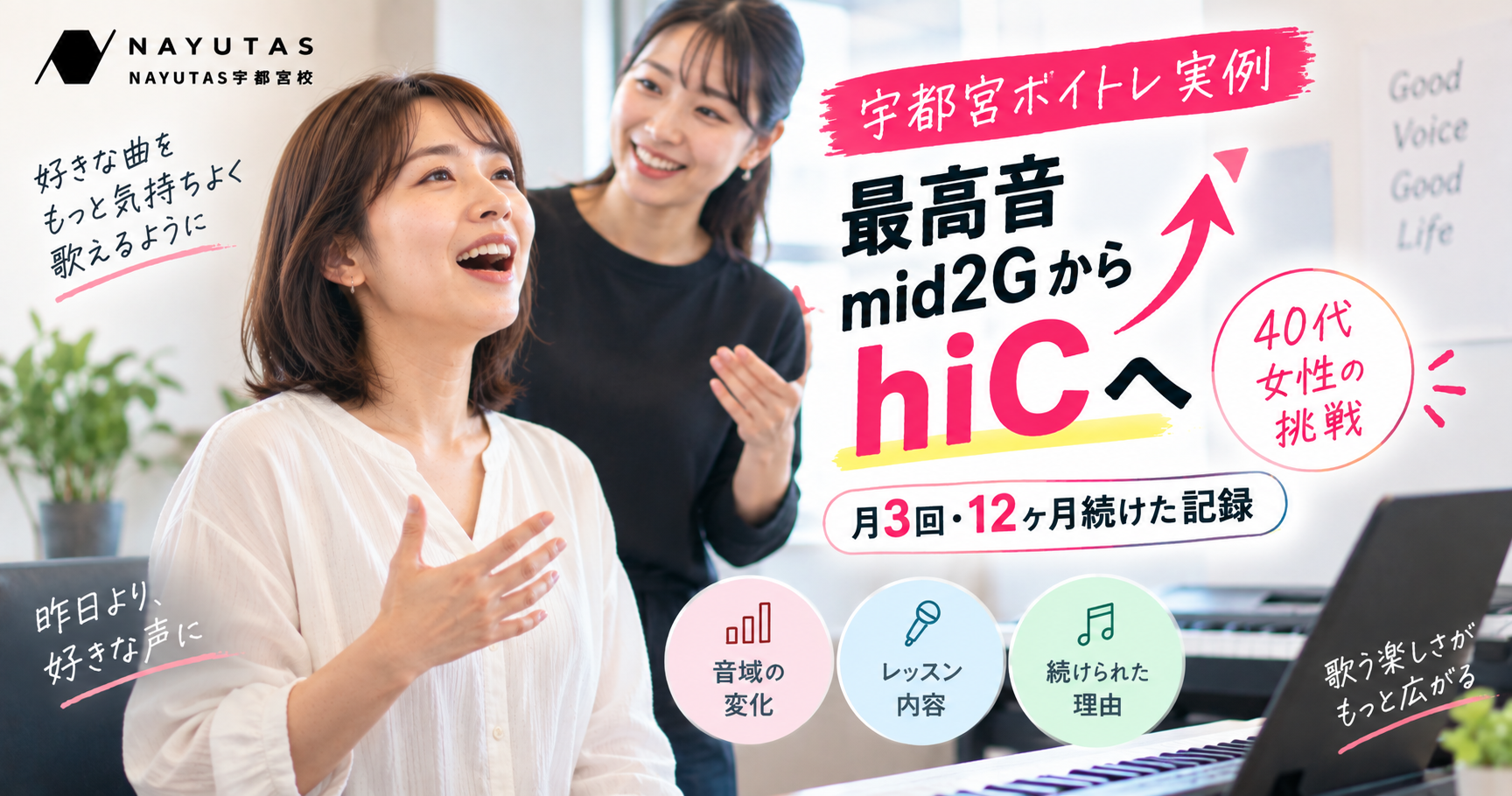 【宇都宮のボイトレ実例】最高音mid2GからhiCへ｜40代女性が月3回・12ヶ月続けた記録