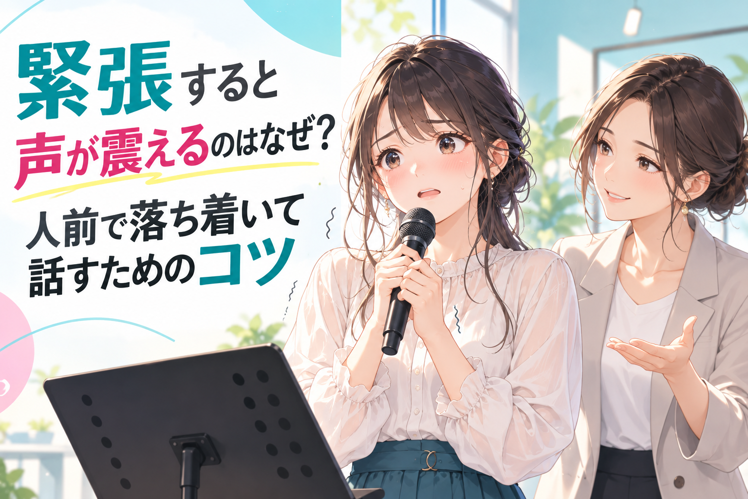 NAYUTAS千種校の「声が震える 緊張」をテーマに、白いブラウスの女性が不安そうな表情でマイクを持ち、後ろから女性講師がやさしく声をかける明るいレッスン風景