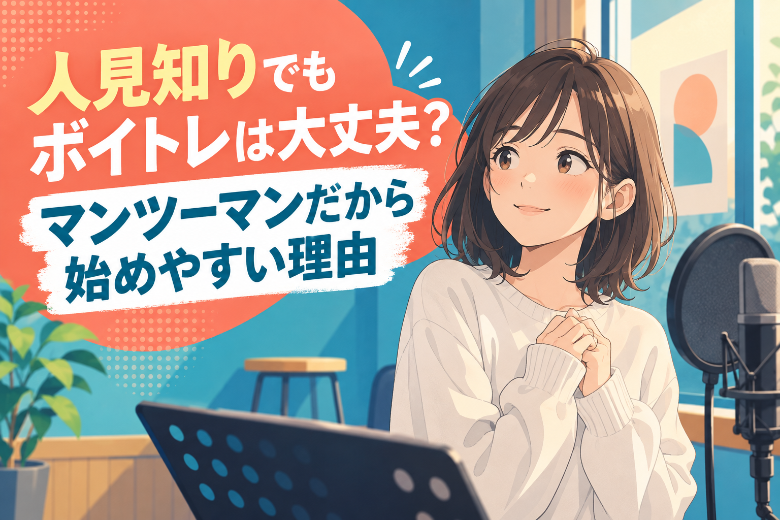 NAYUTAS藤が丘校の「ボイトレ 人見知り」をテーマに、白いニットを着た女性が少し緊張しながら手を組み、マイクの前でやわらかく微笑む明るいレッスン空間